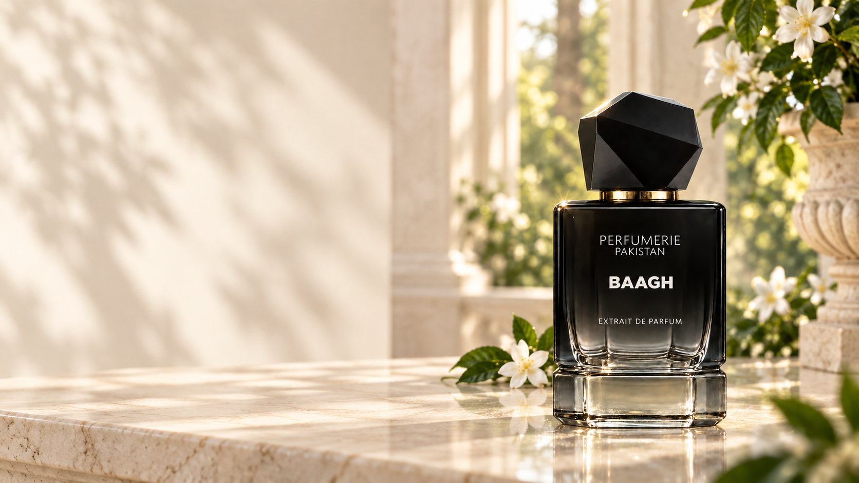Perfumerie Pakistan Baagh perfume bottle in a sunlit jasmine garden