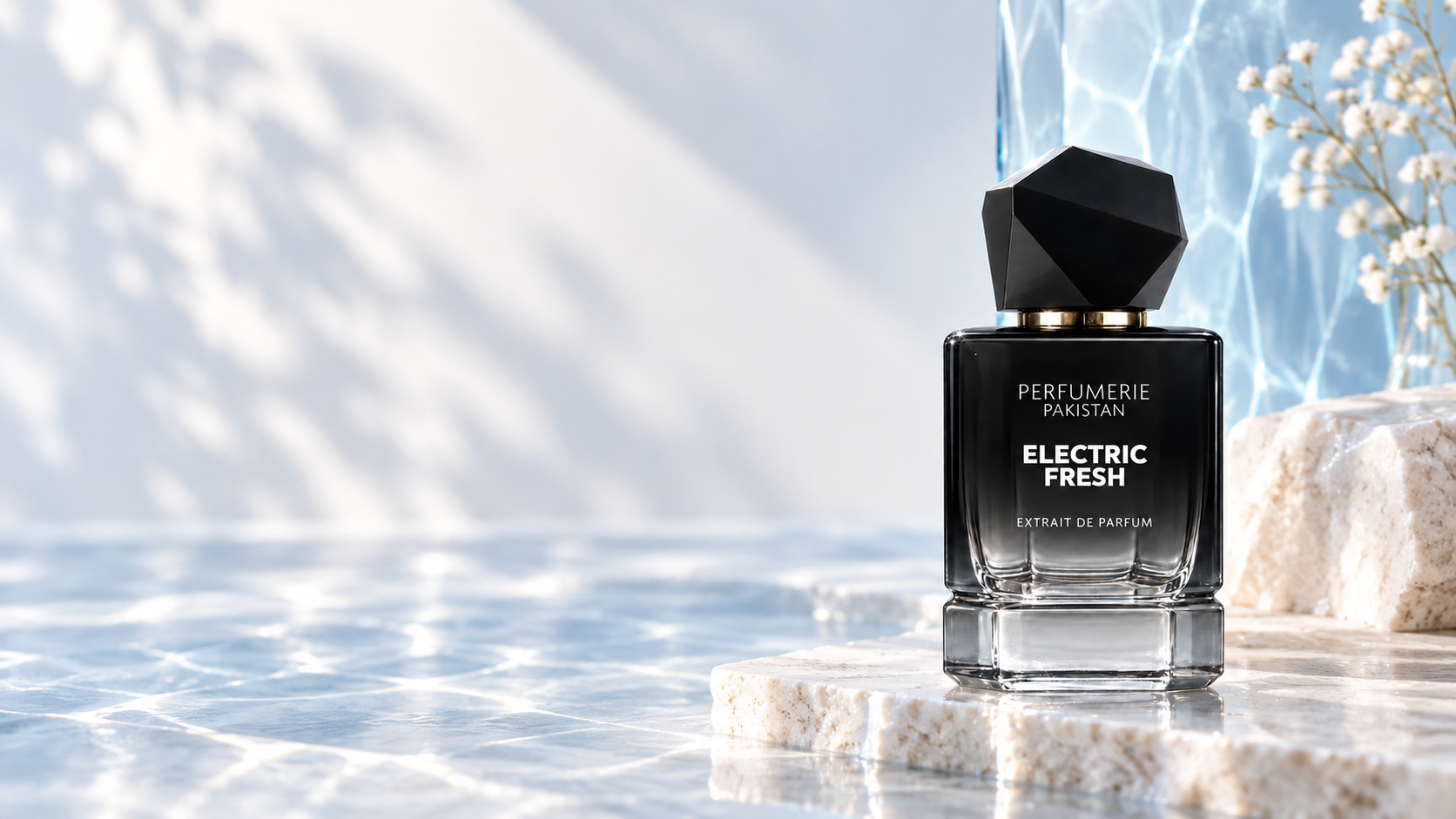 Perfumerie Pakistan Electric Fresh perfume bottle beside luminous blue water