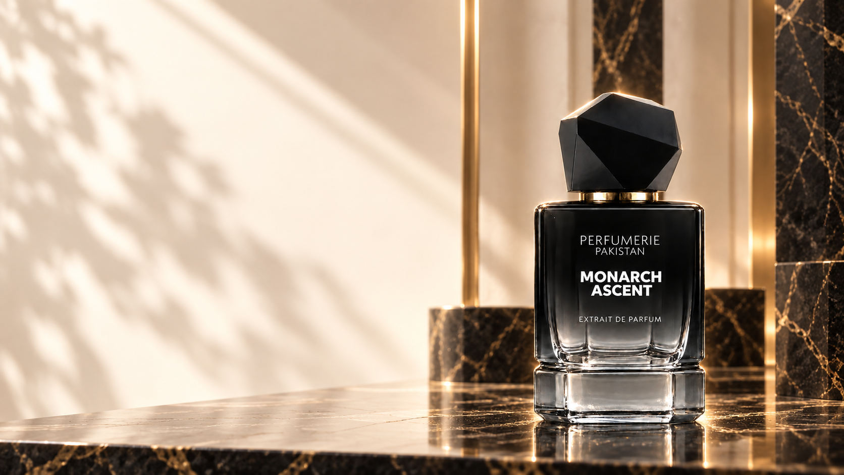 Perfumerie Pakistan Monarch Ascent perfume bottle in a black and gold interior