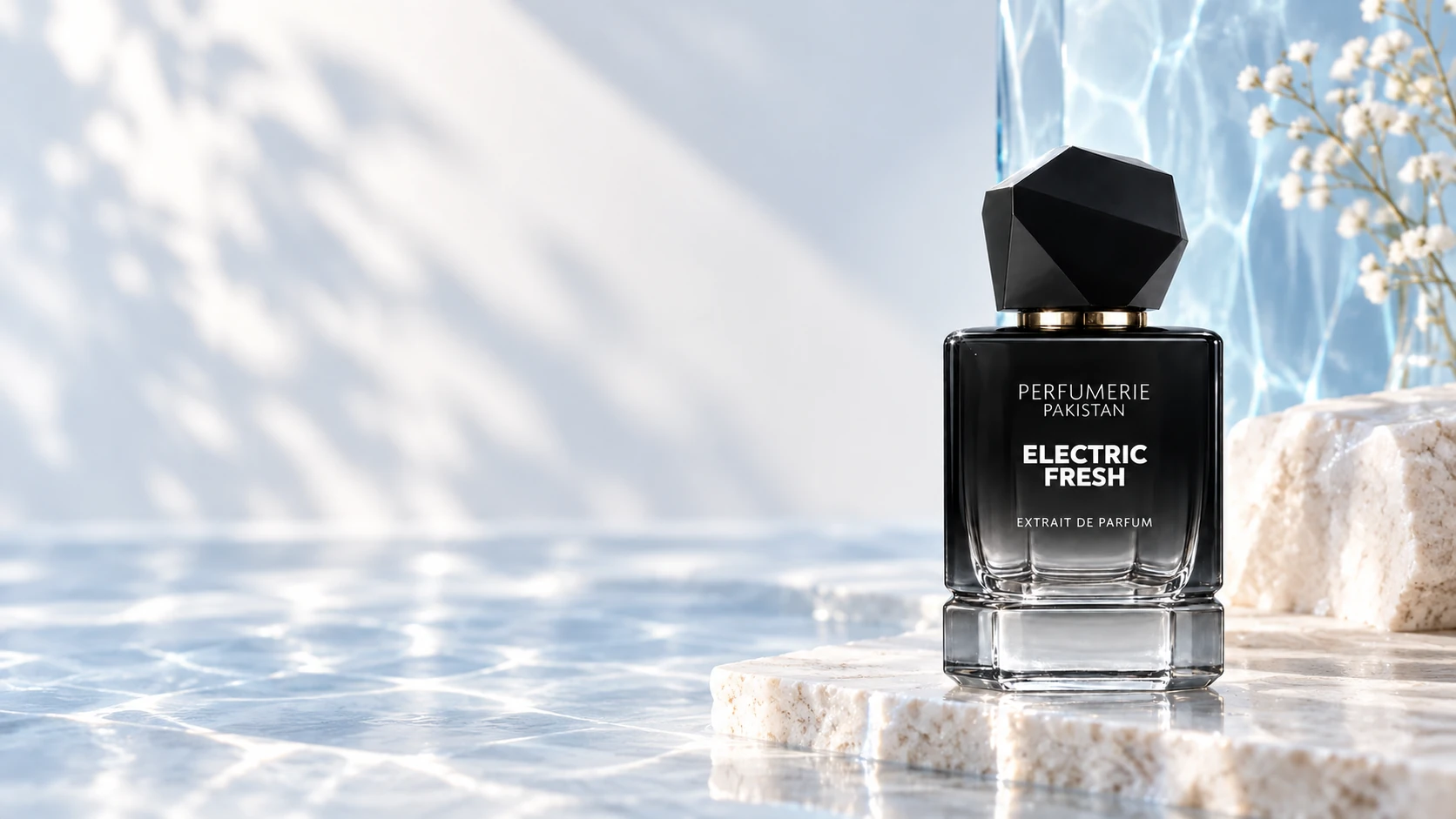 Perfumerie Pakistan Electric Fresh perfume bottle beside luminous blue water